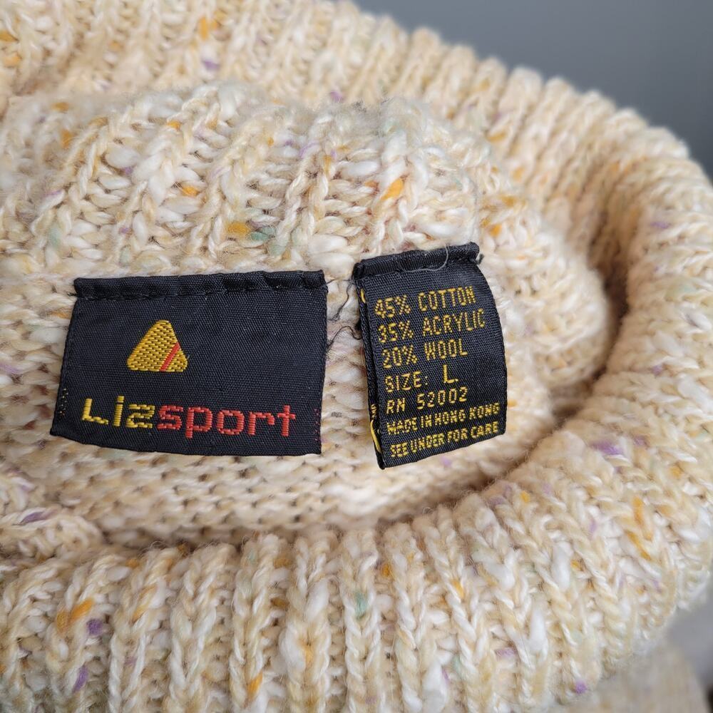 Vintage LizSport Sweater Women's Size‎ L Beige Cotton Cowl 80s 90s Preppy - Picture 3 of 10
